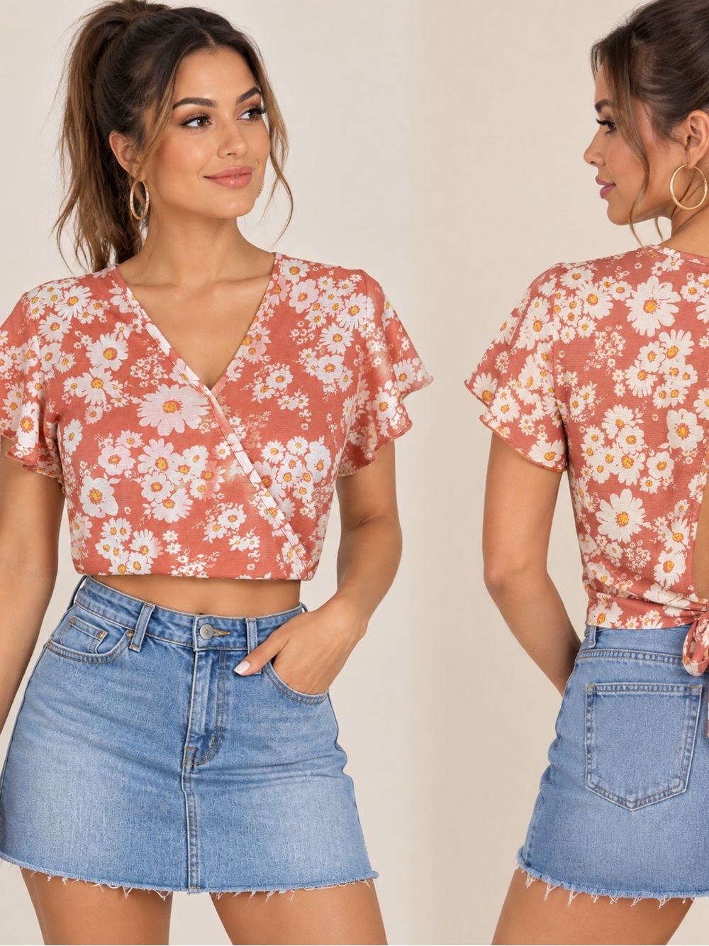 Floral Wrap Crop Top - Coral Daisy Print